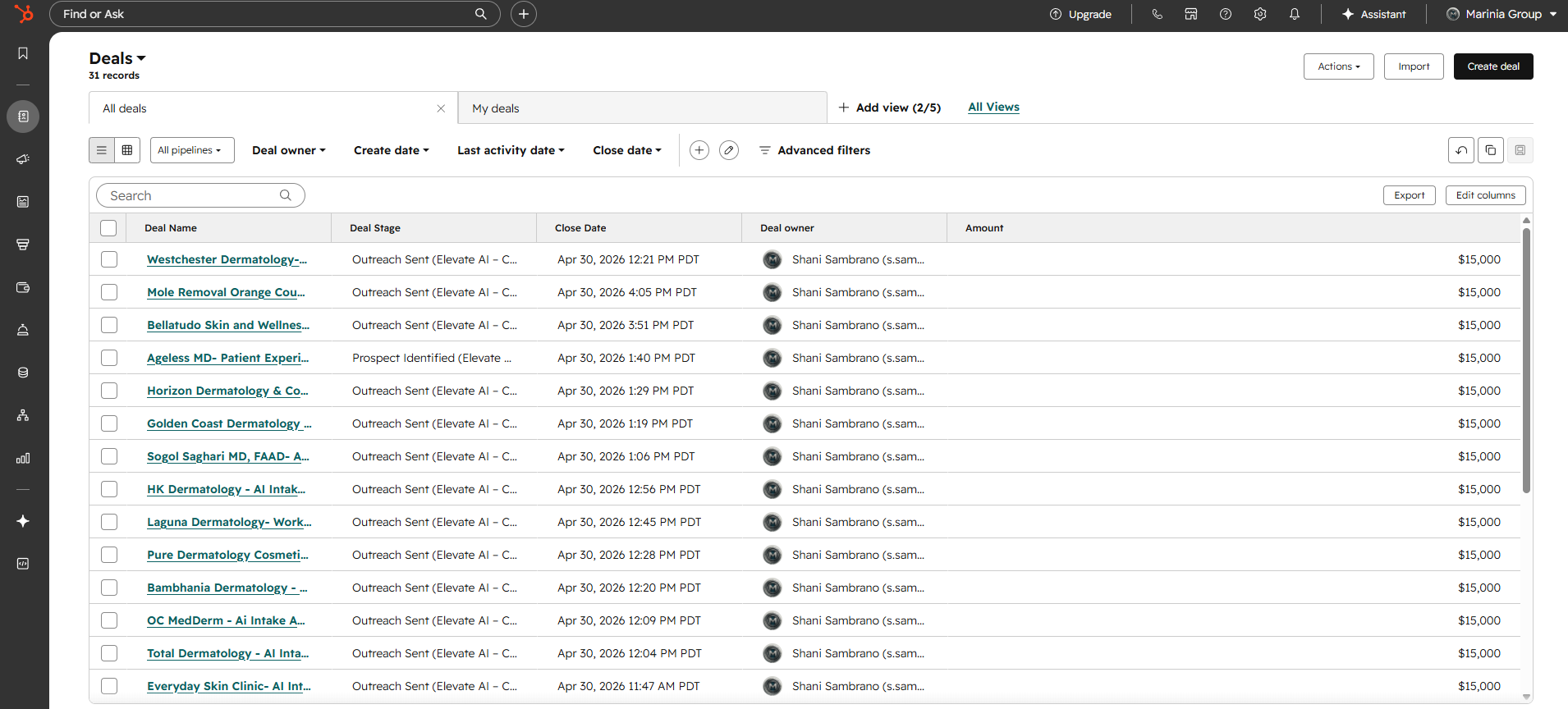 HubSpot pipeline overview showing multiple dermatology outreach opportunities