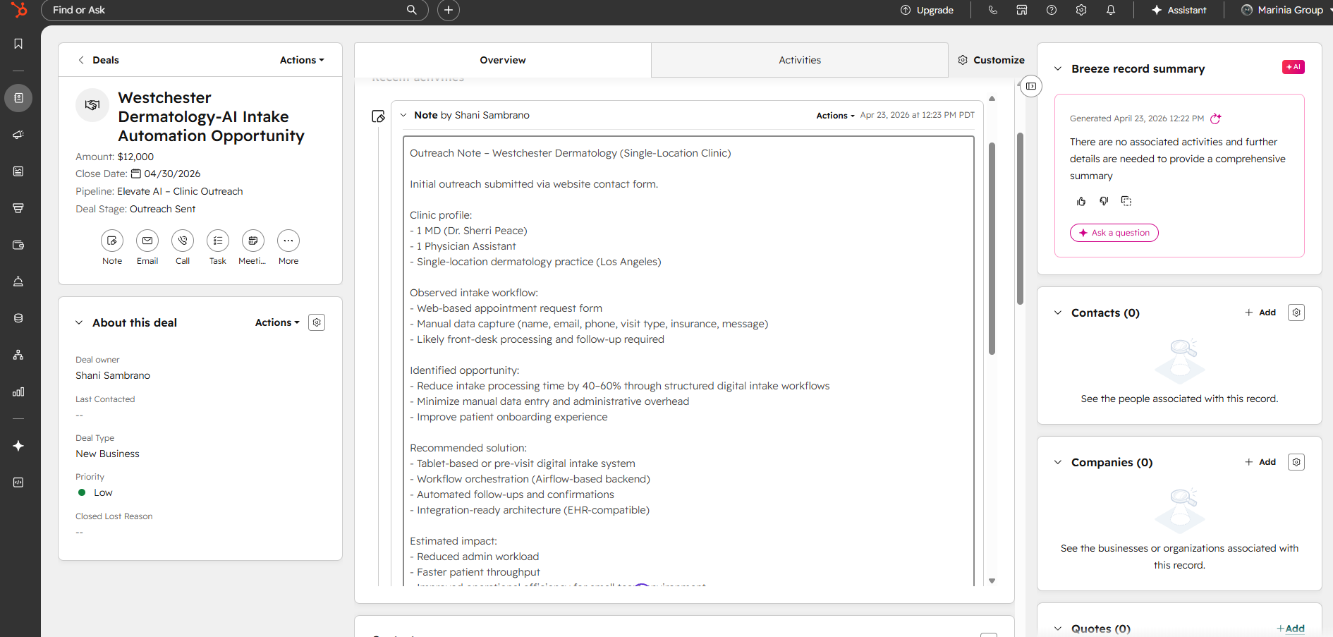 Westchester Dermatology opportunity analysis inside HubSpot